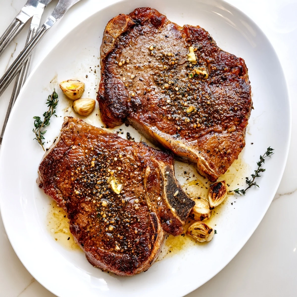 Juicy Pan Seared Ribeye Steak with a golden crust, served sliced beside creamy mashed potatoes and rosemary.
