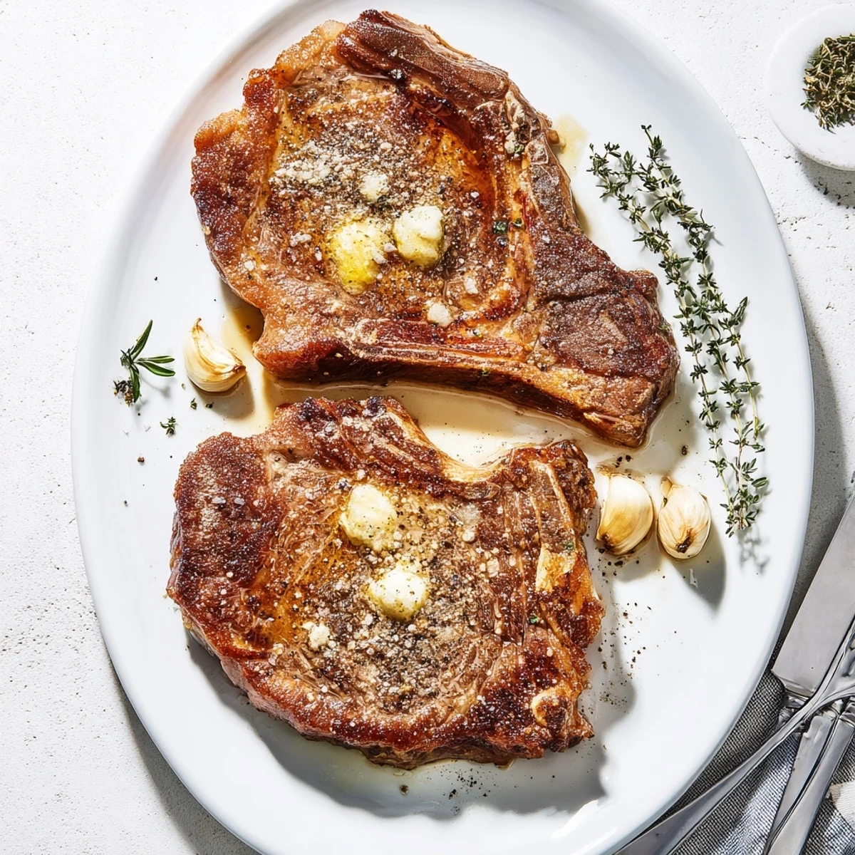 Sizzling Pan Seared Ribeye Steak in a cast iron skillet, basted with butter, garlic, and thyme.