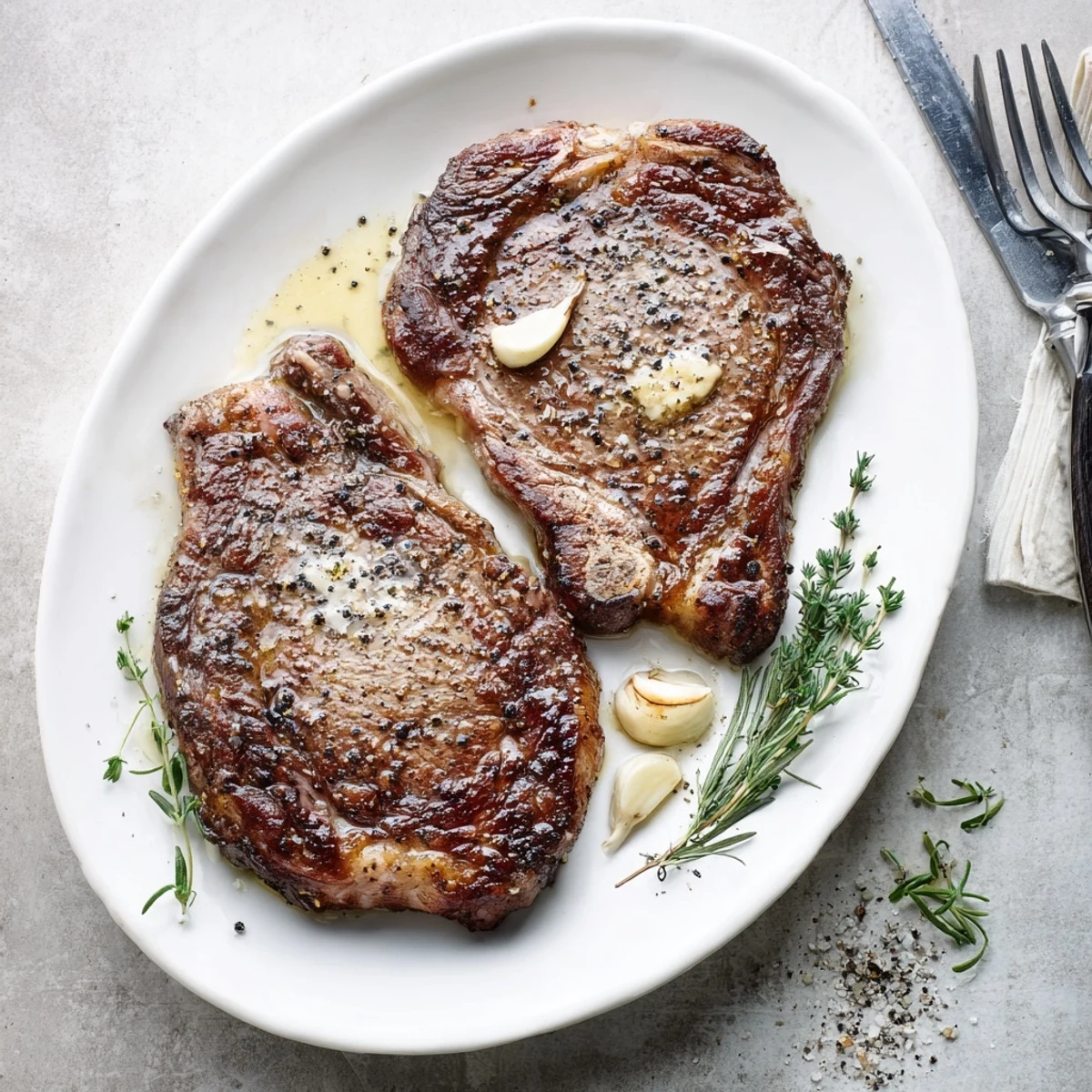 Perfectly rested Pan Seared Ribeye Steak garnished with flaky sea salt, ready to serve with roasted vegetables.