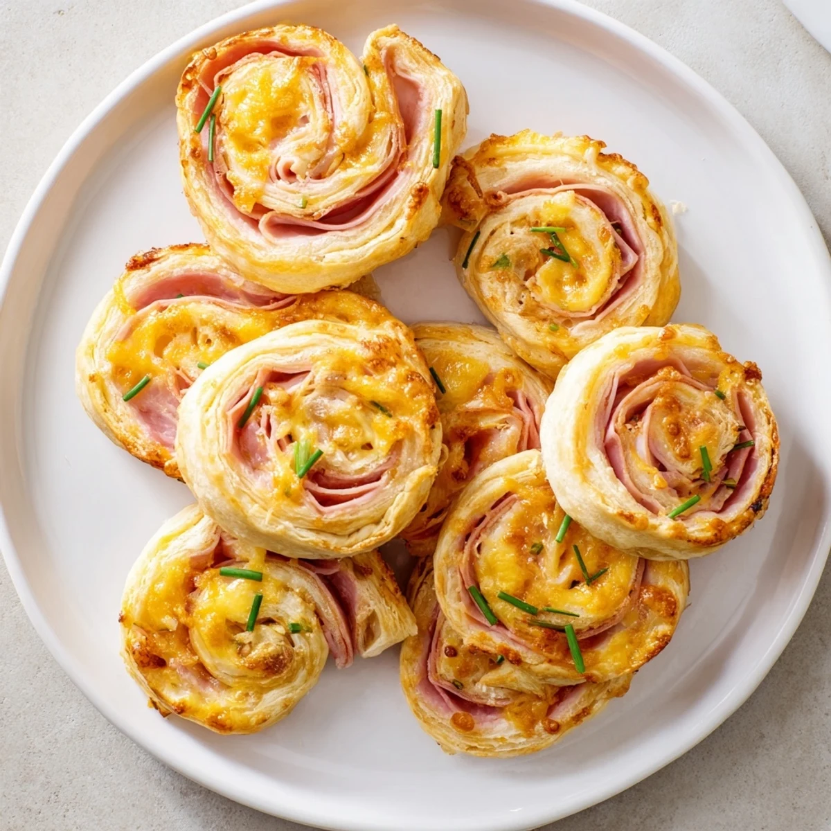 Golden-brown Ham and Cheese Pinwheels with flaky pastry, melted Swiss cheese, and savory ham slices on a white plate.  