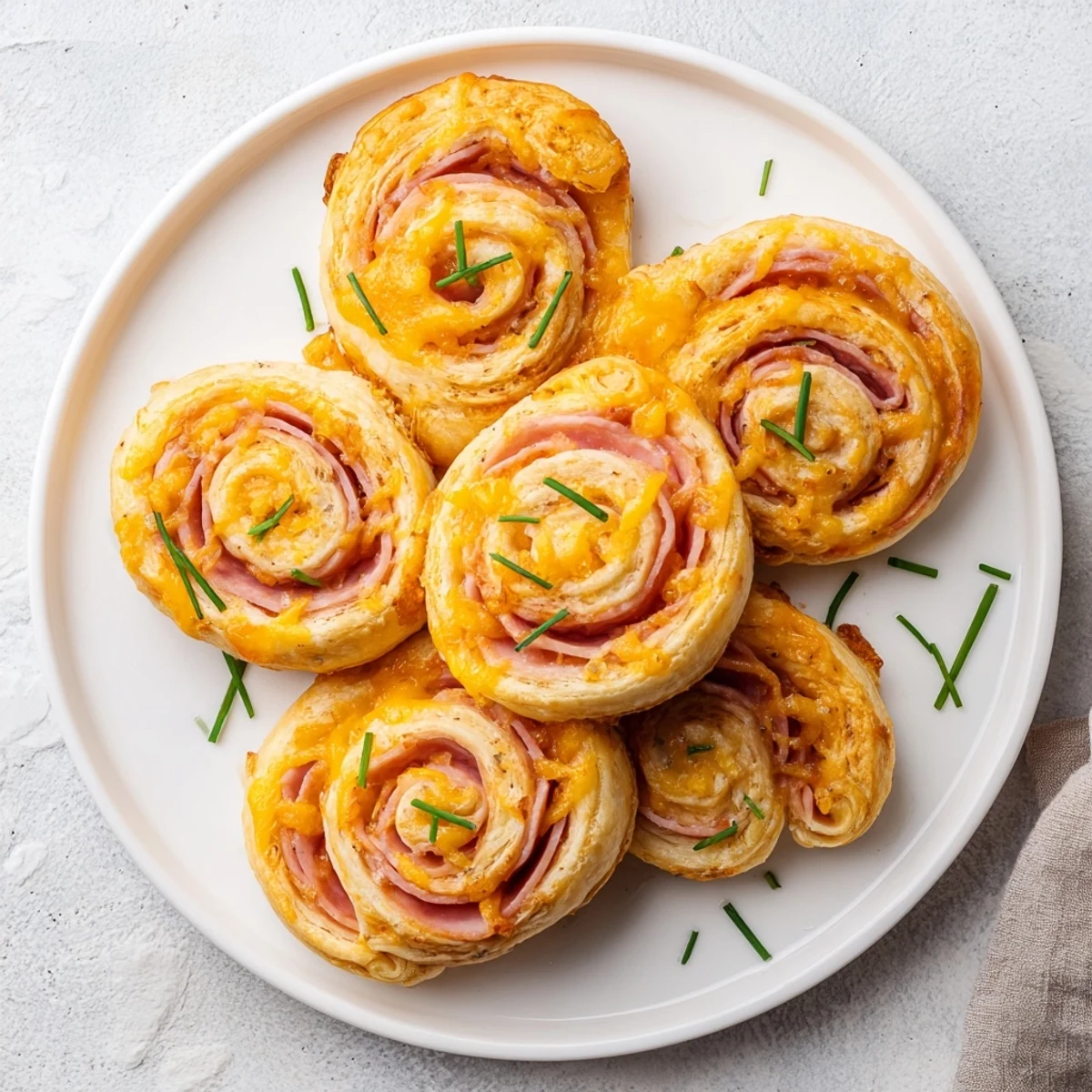 Freshly baked Ham and Cheese Pinwheels served warm with a side of tangy Dijon mustard dipping sauce.  
