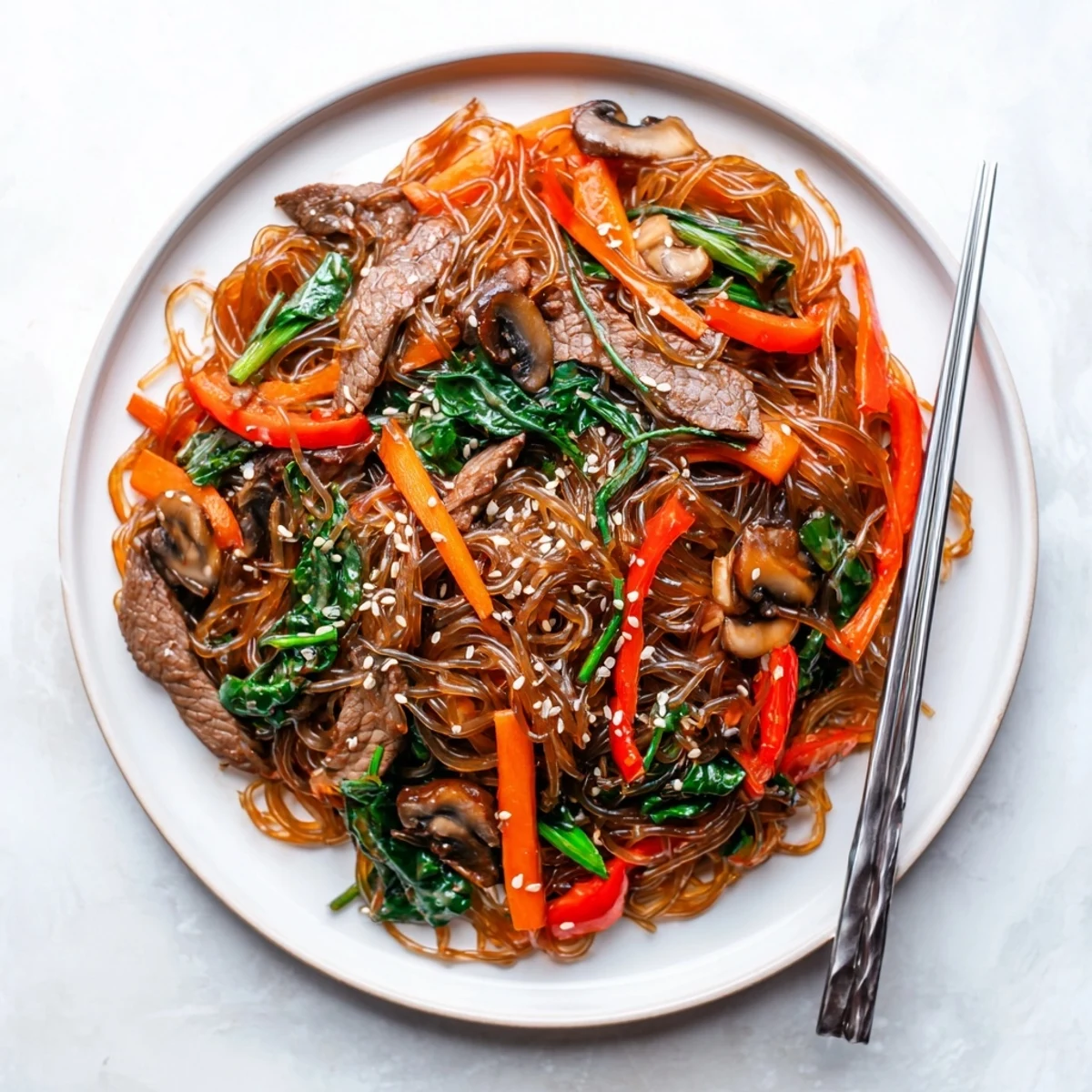 Tender beef strips, colorful veggies, and glass noodles coated in a glossy, spicy gochujang sauce in Korean Beef Noodles.