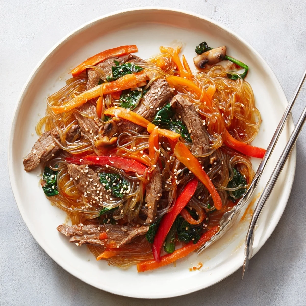 A close-up of a steaming bowl of Korean Beef Noodles garnished with scallions and sesame seeds ready to serve.