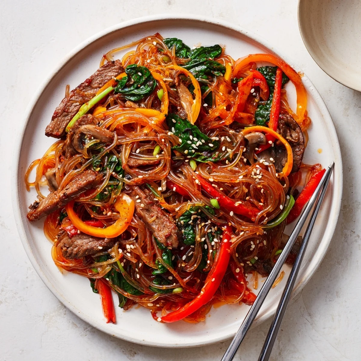 Wok-fried Korean Beef Noodles with julienned carrots and wilted spinach paired with chopsticks for a delicious weeknight dinner.