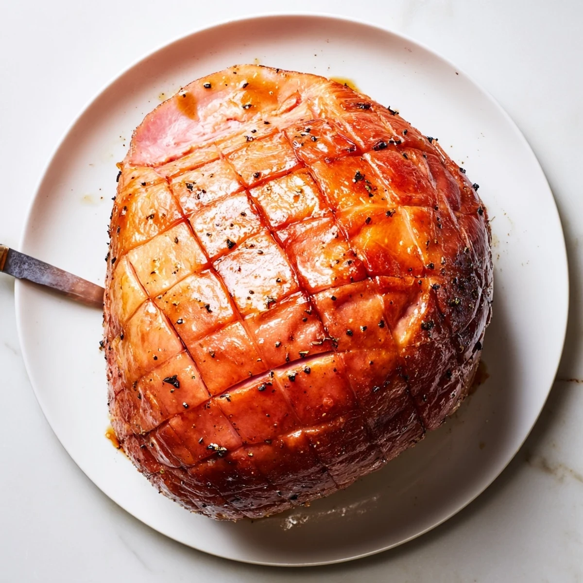 A close-up of Baked Ham with Maple Dijon Glaze, its glossy surface glistening under warm kitchen lights and ready to be sliced for a holiday table.