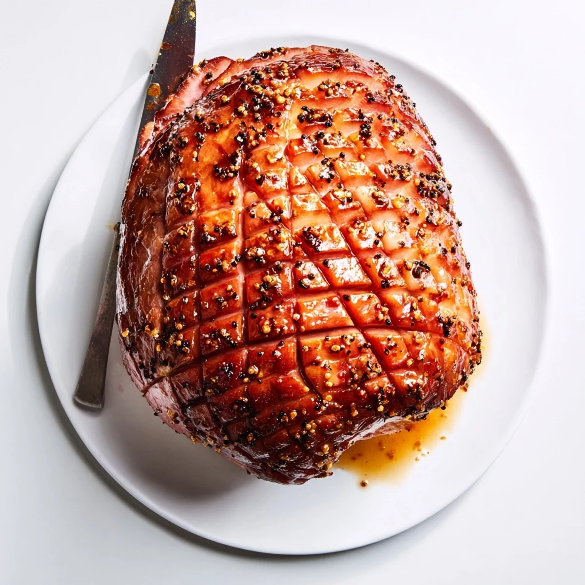 A golden Baked Ham with Maple Dijon Glaze on a platter garnished with fresh rosemary, served alongside roasted carrots and creamy mashed potatoes for a festive meal.
