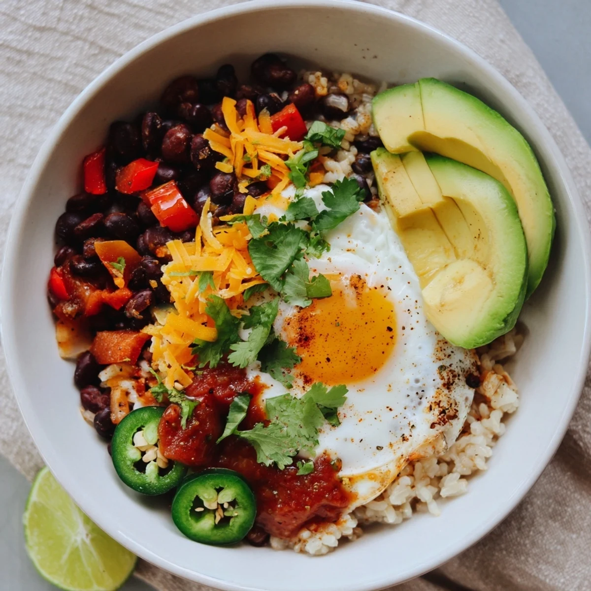 Cheese melted on this Tex Mex Inspired Breakfast Bowl highlights bell peppers, onions, cilantro, and lime for a hearty morning meal.