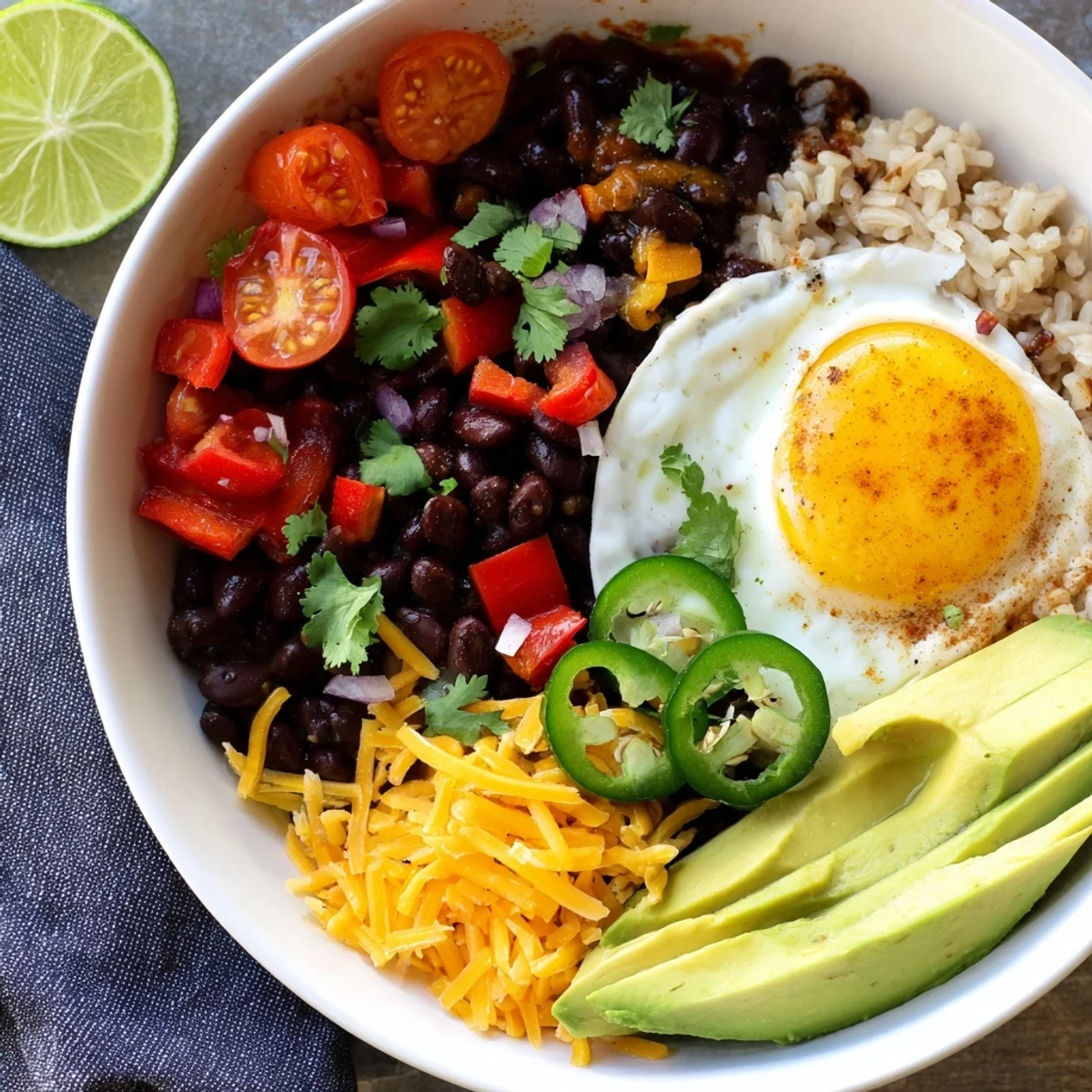 A steaming Tex Mex Inspired Breakfast Bowl shows fluffy rice, black beans, a sunny fried egg, and diced avocado with jalapeño.
