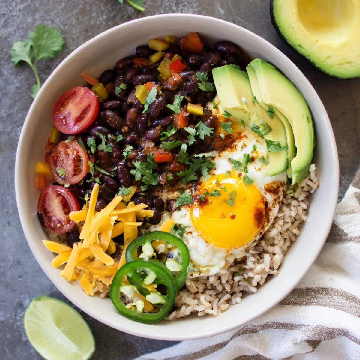 A colorful Tex Mex Inspired Breakfast Bowl features scrambled eggs, fresh salsa, creamy avocado, and warm beans, ready to dig in.