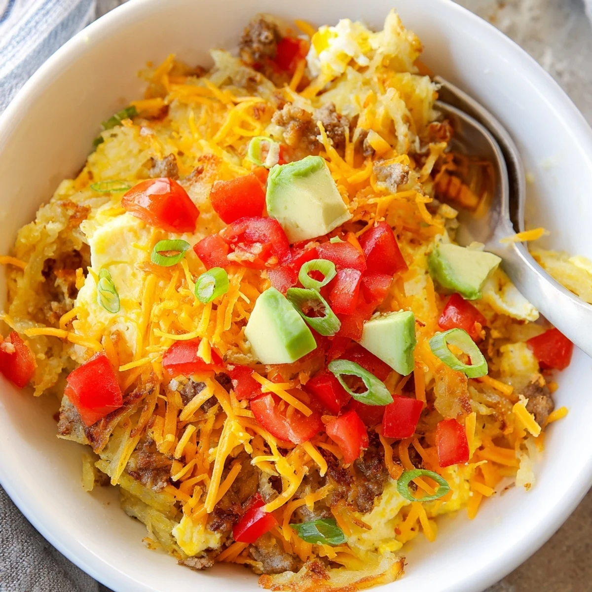 In a white ceramic bowl, Hash Brown Breakfast Bowls show melted cheddar cheese and diced tomatoes over a hearty base of seasoned breakfast sausage and eggs.