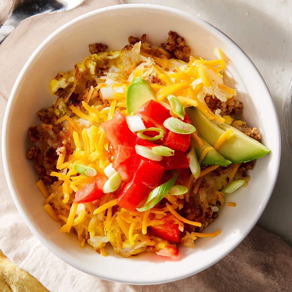 Overhead view of four servings of Hash Brown Breakfast Bowls garnished with green onions, ready to be enjoyed with hot sauce on a wooden table.