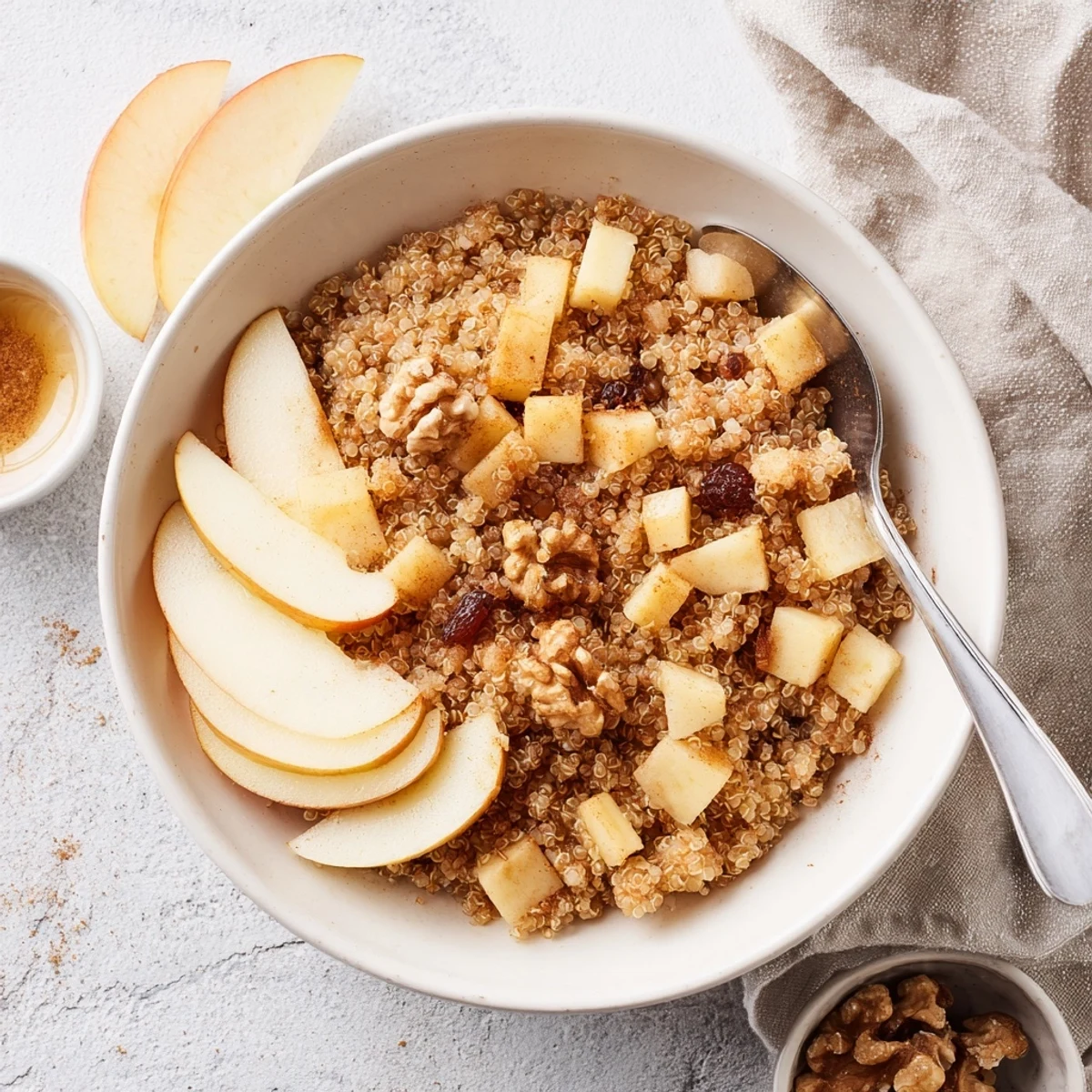 A warm bowl of Healthy Quinoa Apple Breakfast with fluffy grains, soft apples, and a honey drizzle topped with walnuts.