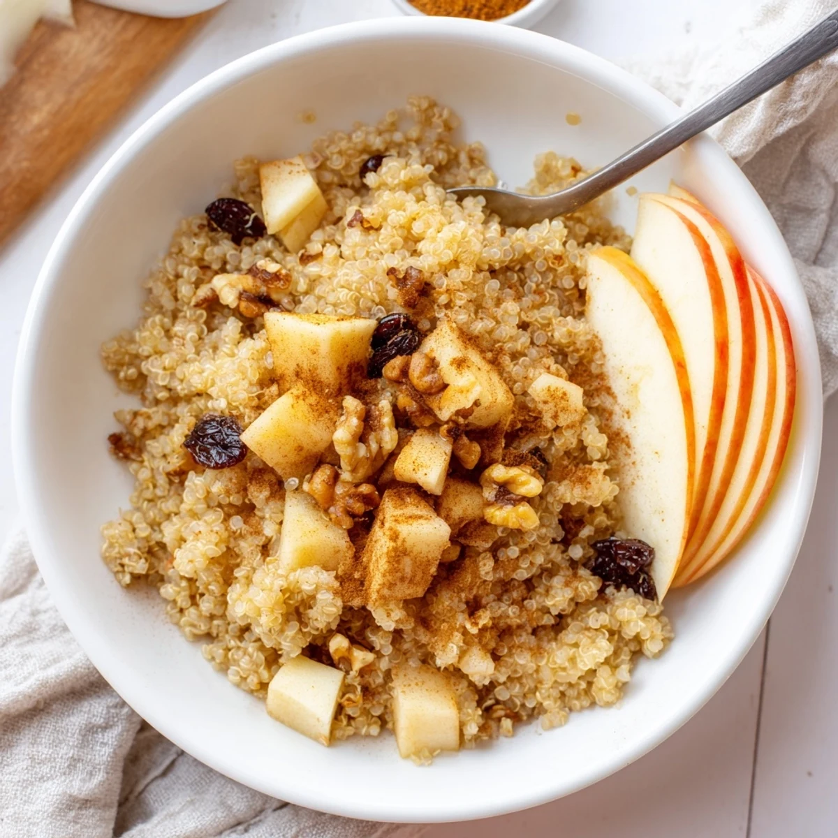 Spoon into a bowl of Healthy Quinoa Apple Breakfast featuring tender apples, warm cinnamon, and crunchy pecans for cozy mornings.