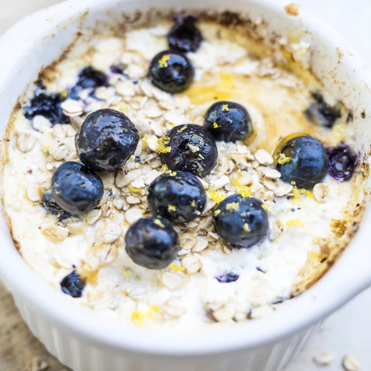 Freshly baked Baked Blueberry Cottage Cheese Breakfast Bowls with warm vanilla-scented custard and bursting blueberries on top.  