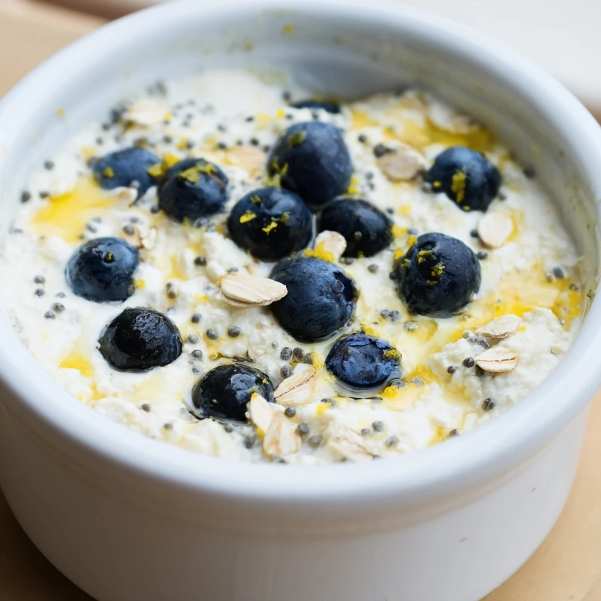Golden Baked Blueberry Cottage Cheese Breakfast Bowls served warm with a drizzle of honey and crunchy toasted almonds.  