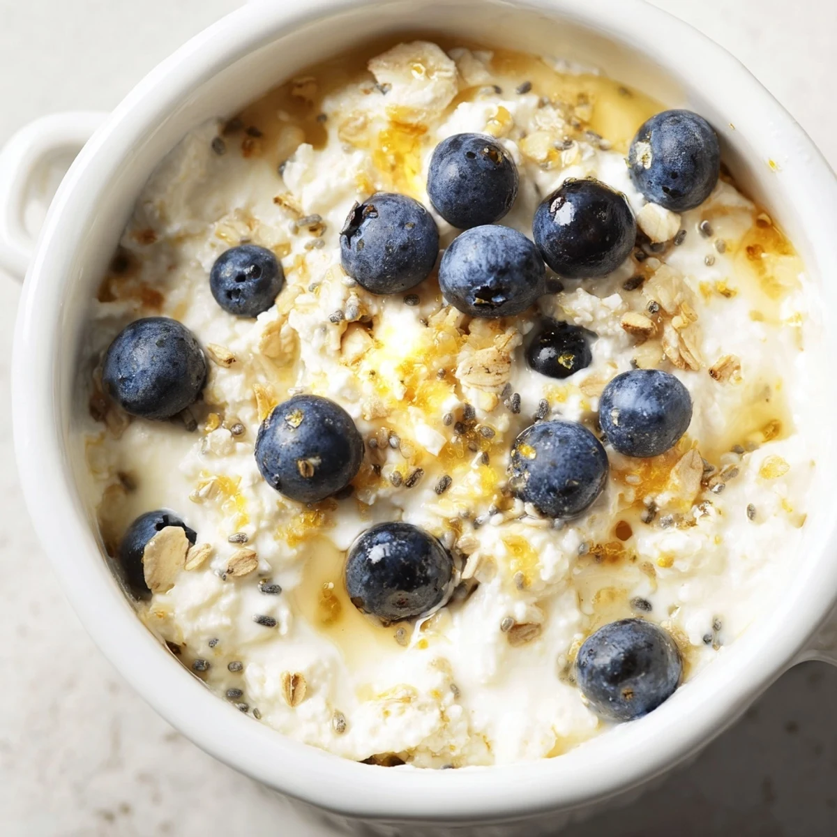 Hearty Baked Blueberry Cottage Cheese Breakfast Bowls garnished with lemon zest and extra berries, ready for cozy morning serving.