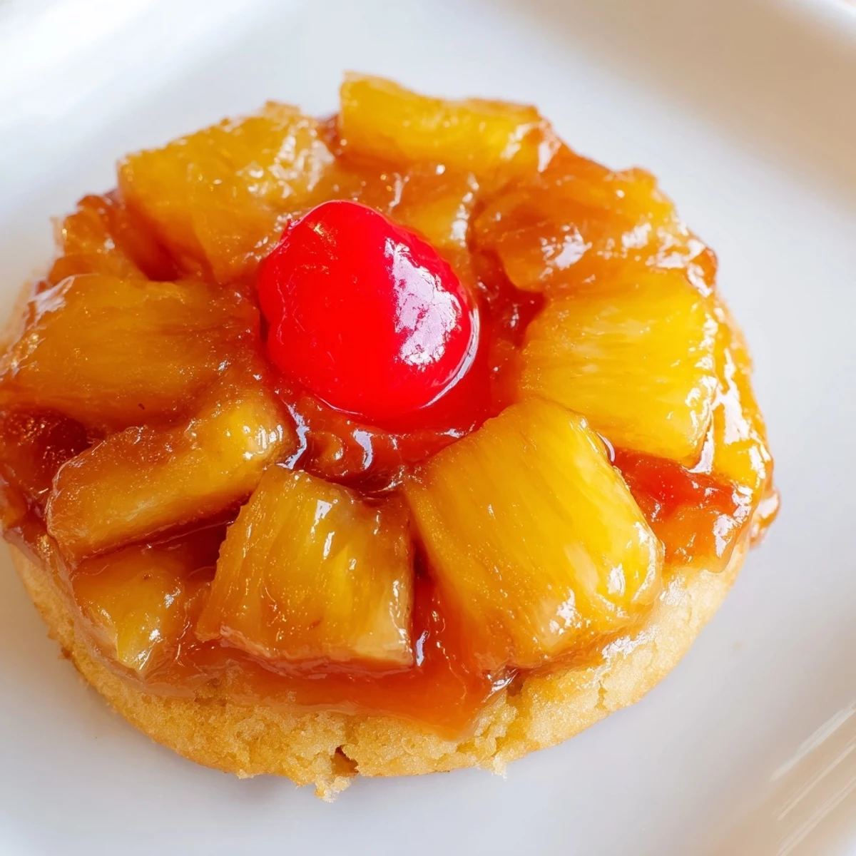 Golden Pineapple Upside Down Sugar Cookies with caramelized pineapple and a bright cherry half on a marble countertop.
