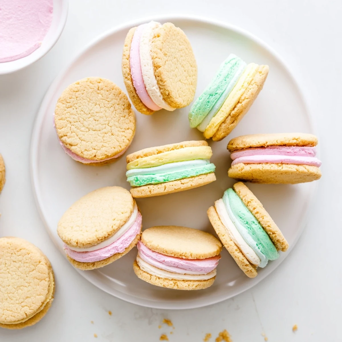 Pastel sugar cookie sandwiches lined up on a baking sheet with soft frosting.