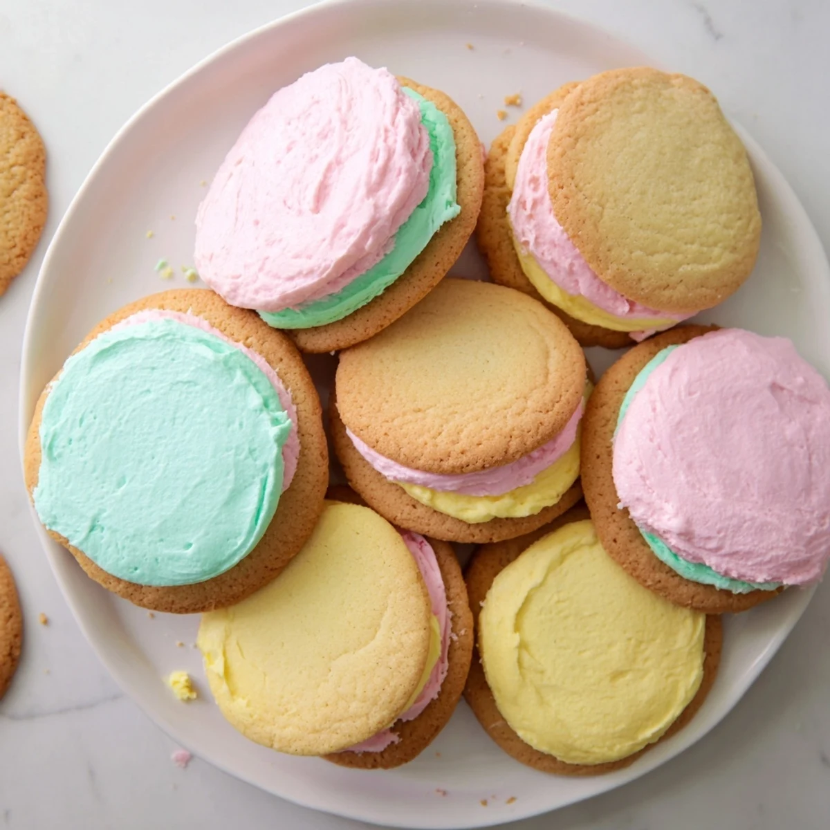 Stacked pastel sugar cookie sandwiches with pink buttercream filling on a marble surface.