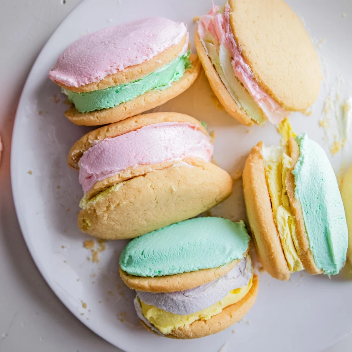 Pastel sugar cookie sandwiches arranged on a white plate with pastel sprinkles.