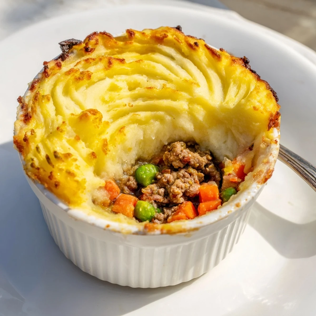Golden-brown Mini Shepherd's Pie with creamy mashed potato topping and savory beef filling in ramekins.