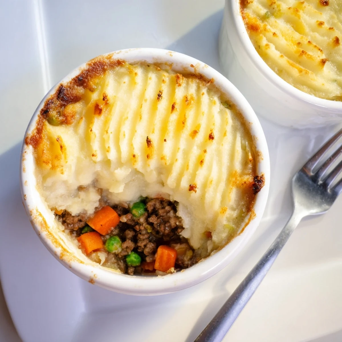 A close-up of Mini Shepherd's Pie, showing fork-mashed potatoes and rich meat and vegetable stew inside.