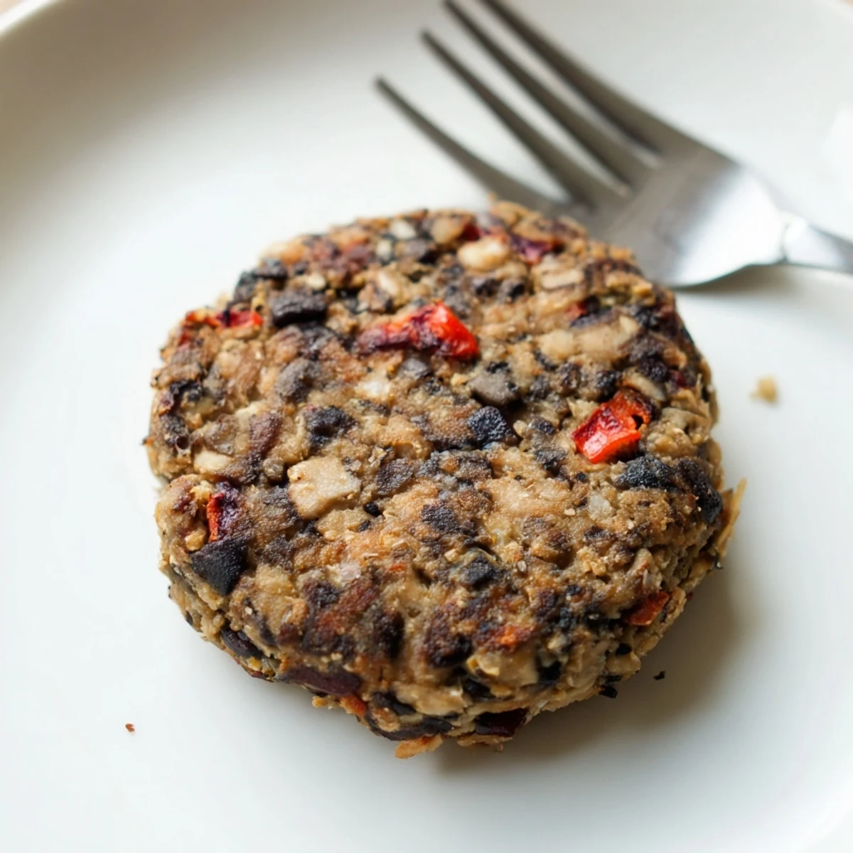 Close-up of a juicy Mushroom Veggie Burger on a toasted bun with ripe tomato and pickle slices.  