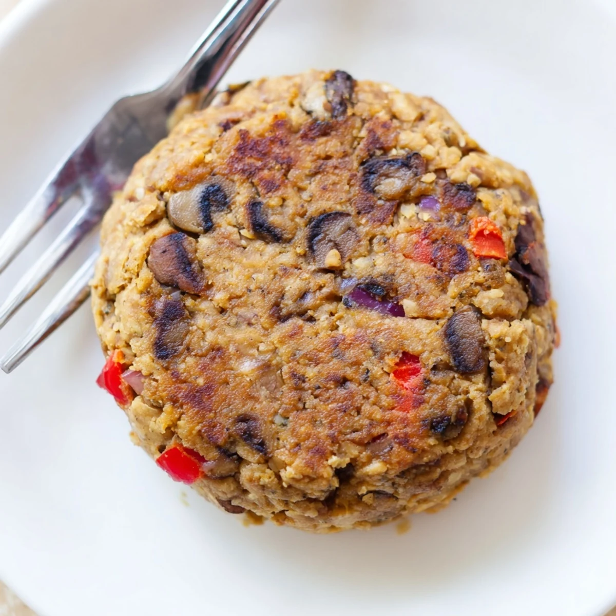 Homemade Mushroom Veggie Burgers served with sweet potato fries and a green salad on a rustic table.