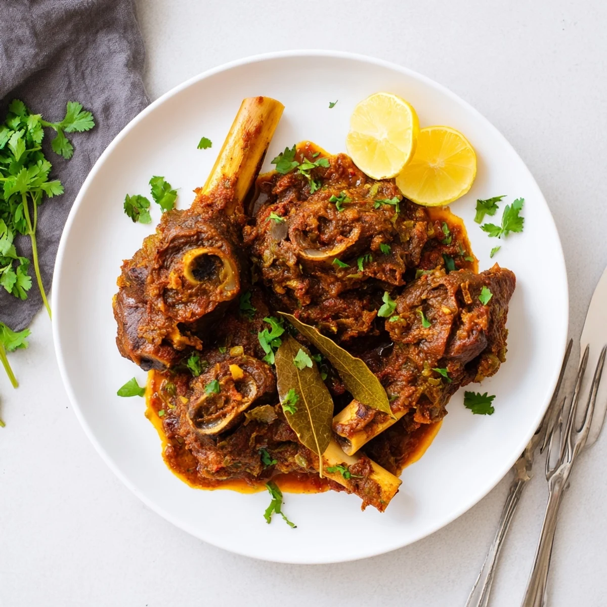 Slow Cooked Indian Lamb Shanks served over steamed basmati rice, garnished with fresh cilantro and lemon wedges.