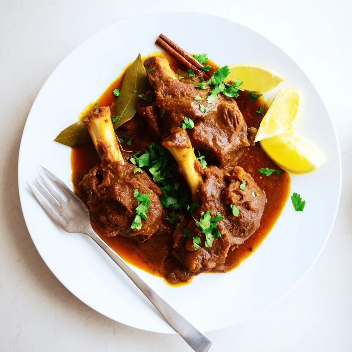 Garnished Slow Cooked Indian Lamb Shanks on a plate with naan bread and a spoon showing the thick curry sauce.