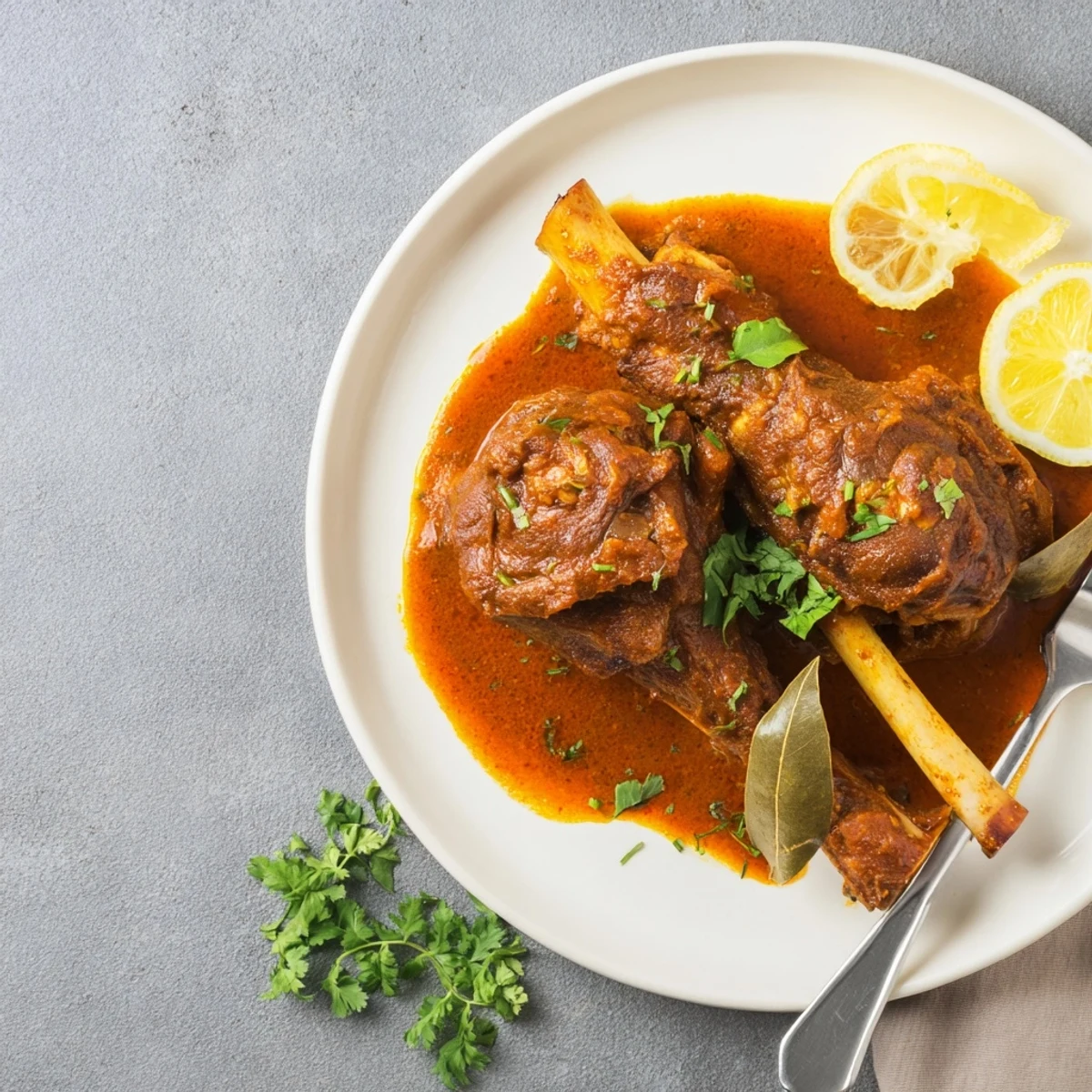 Four Slow Cooked Indian Lamb Shanks simmering in a rich, aromatic sauce with tender meat falling off the bone.