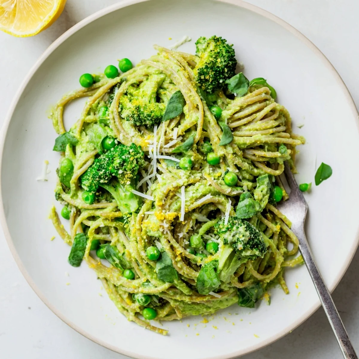 Creamy Veggie Smuggler Avocado Pasta garnished with fresh basil and lemon zest.