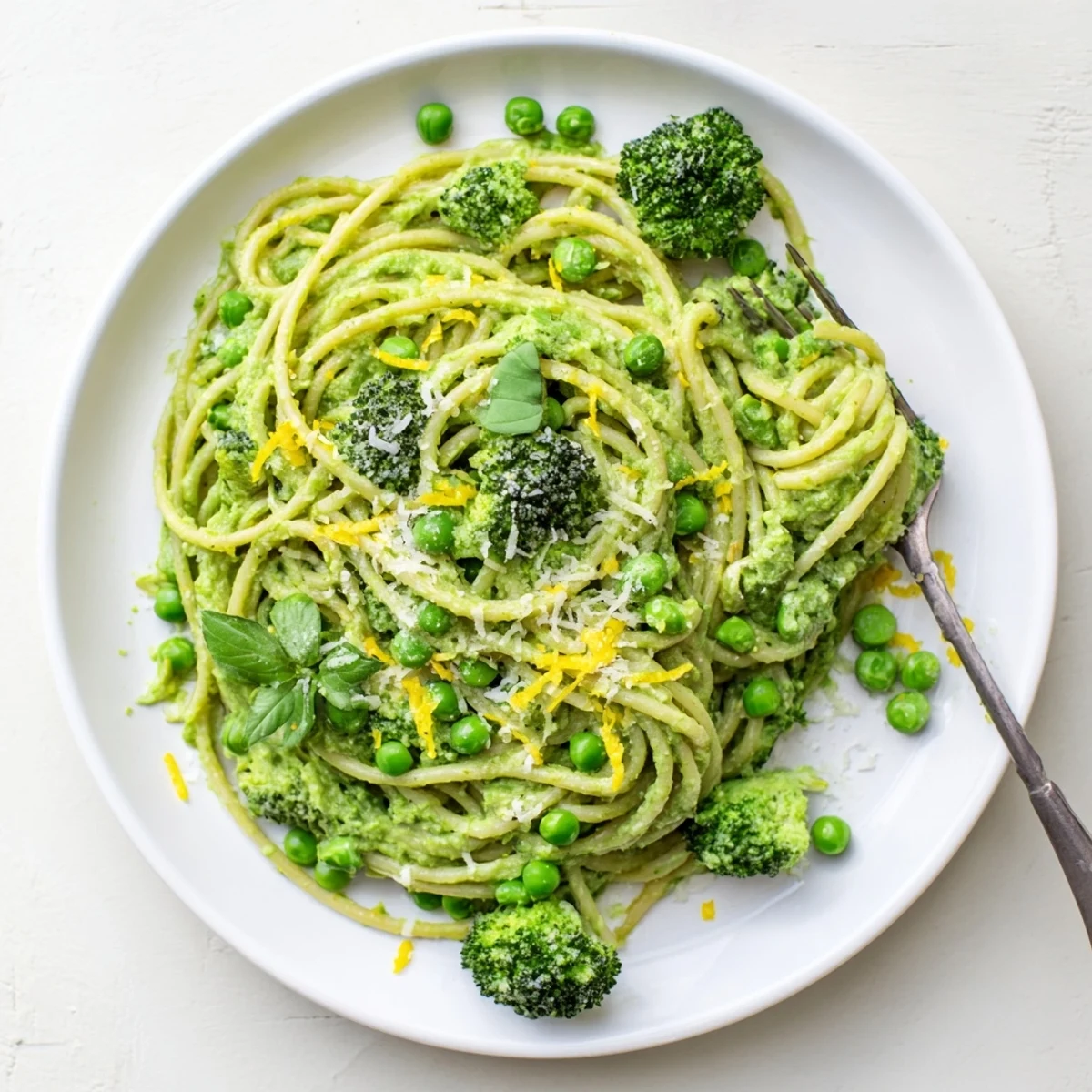Close-up of Veggie Smuggler Avocado Pasta with steamed broccoli and peas in a bowl.