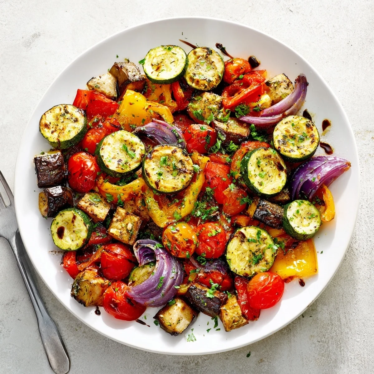 This close-up shows Italian Roasted Vegetables glistening with olive oil and fresh herbs on a rustic platter.