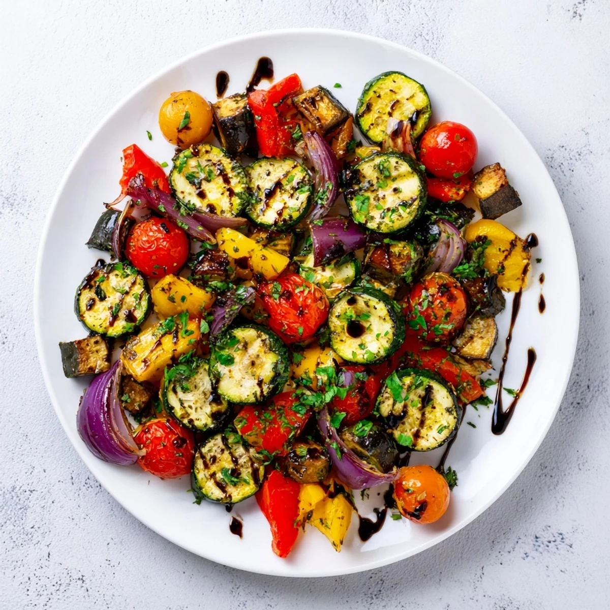 A colorful bowl of Italian Roasted Vegetables with caramelized zucchini, peppers, and eggplant ready to serve.