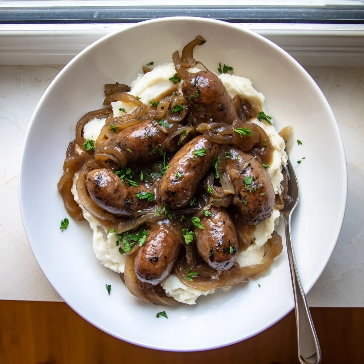 A close-up photo of Sausages in Onion Gravy with caramelized onions drizzled over creamy mashed potatoes.  