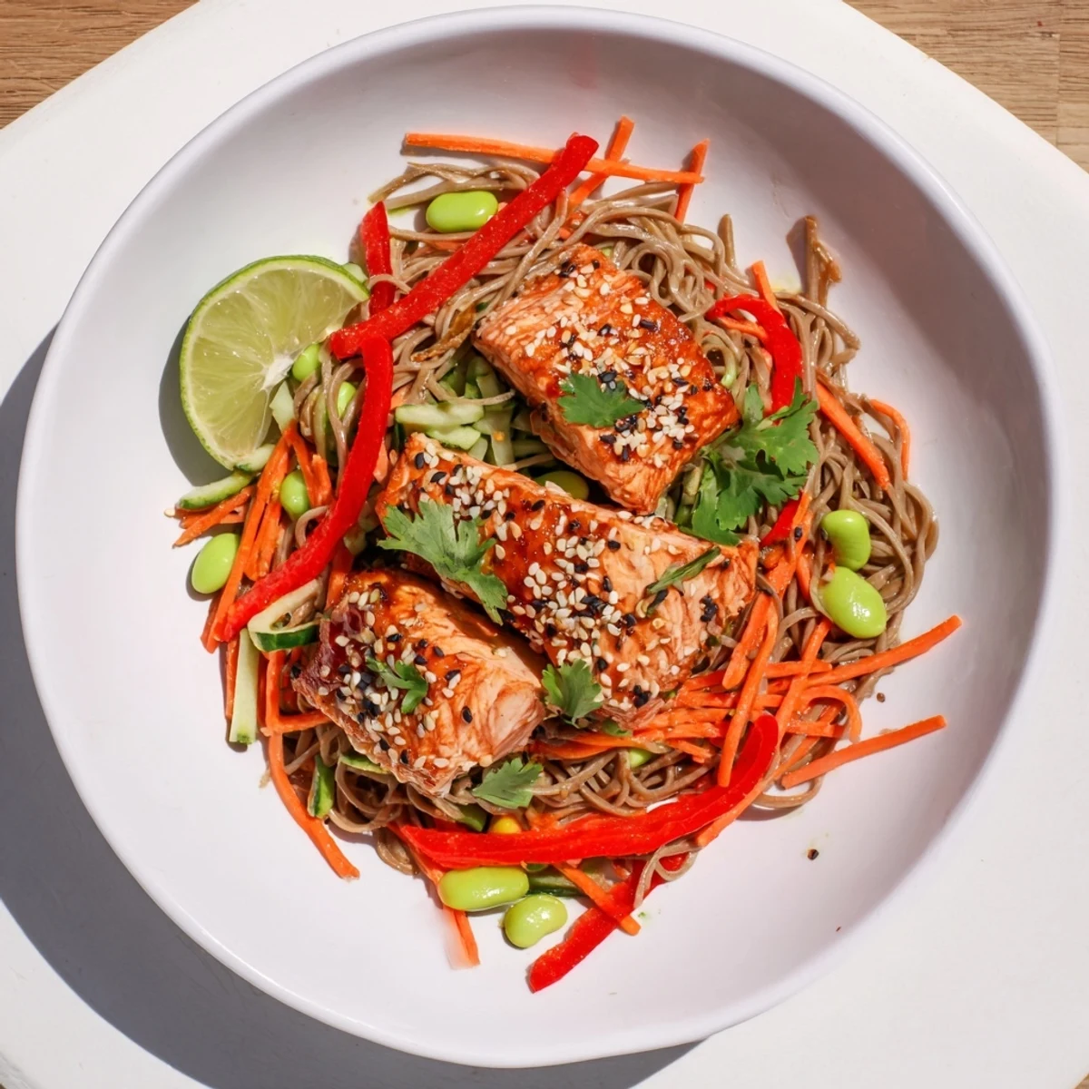 Tender glazed teriyaki salmon rests on buckwheat soba noodles with crisp veggies and toasted sesame seeds.