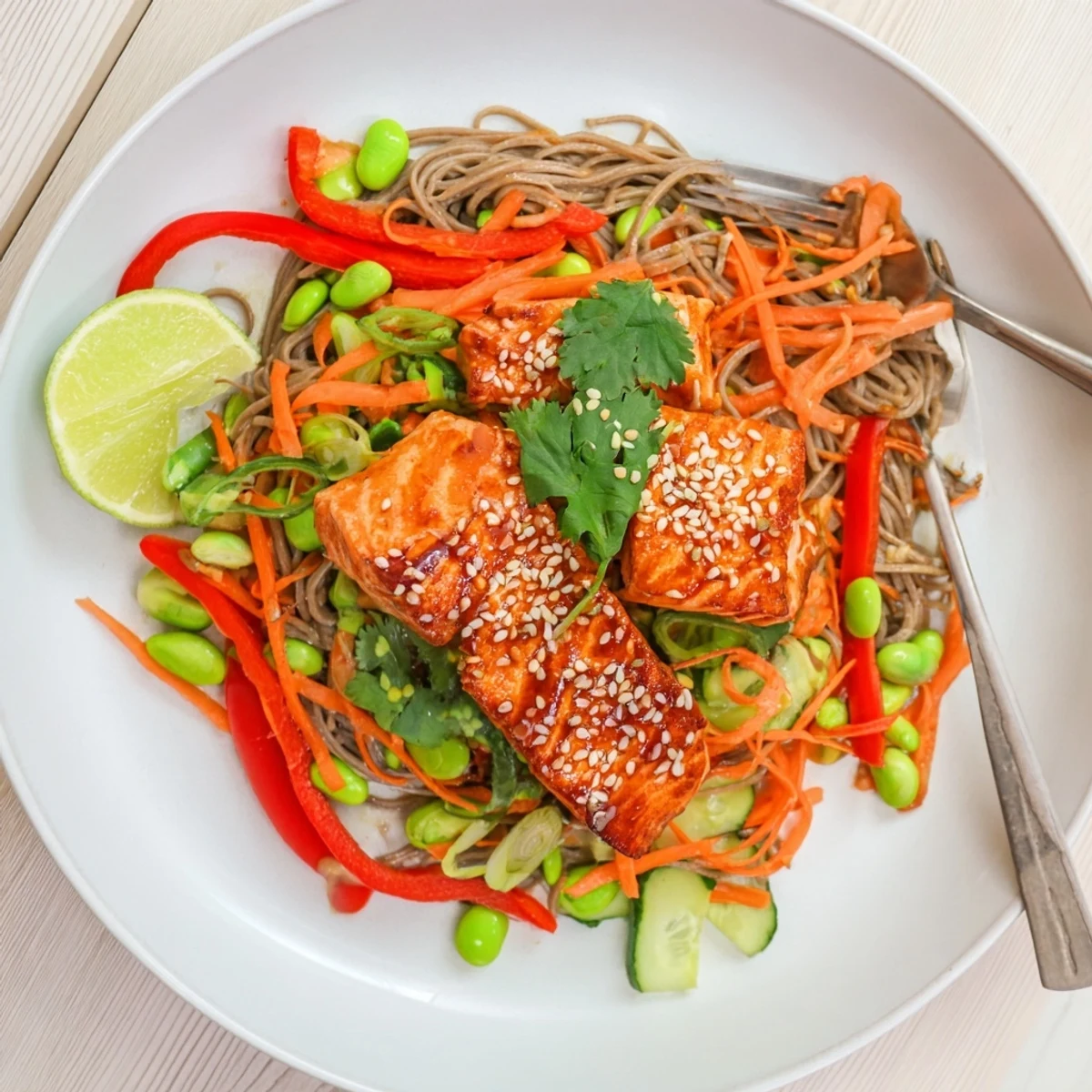 A close-up shows flaky salmon glistening with teriyaki glaze atop colorful salad, served on a white plate.