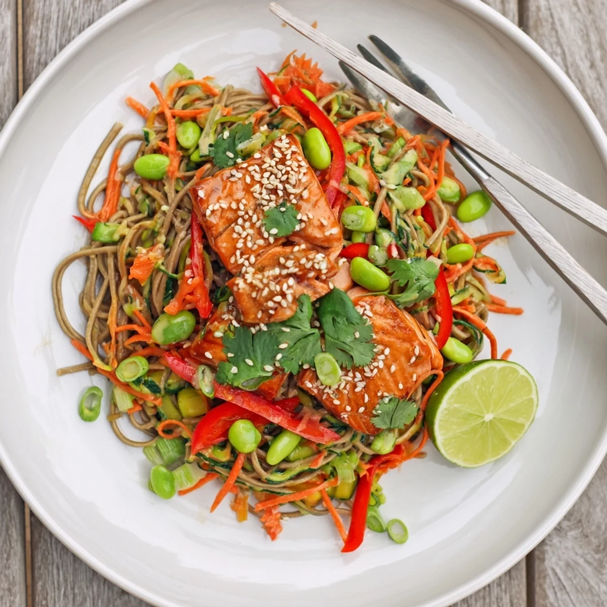 This vibrant teriyaki salmon soba noodle salad pairs zesty lime dressing with edamame for a refreshing main dish.