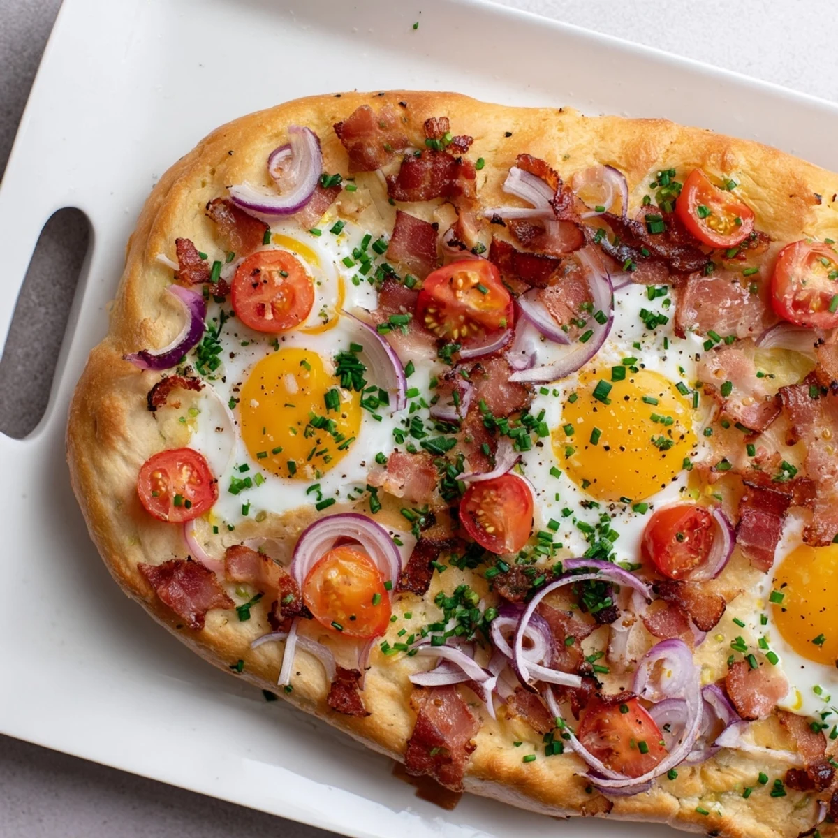 Slices of savory Breakfast Focaccia served with fresh herbs and tomato on a plate.  