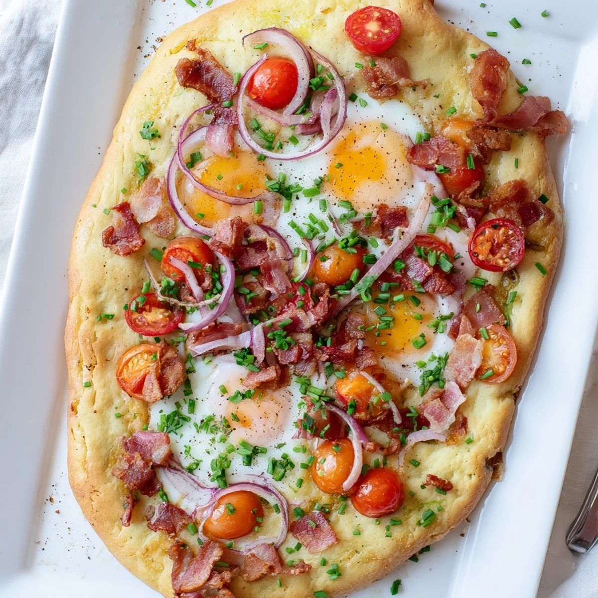 The fluffy Breakfast Focaccia topped with eggs and crispy bacon on a rustic board.  