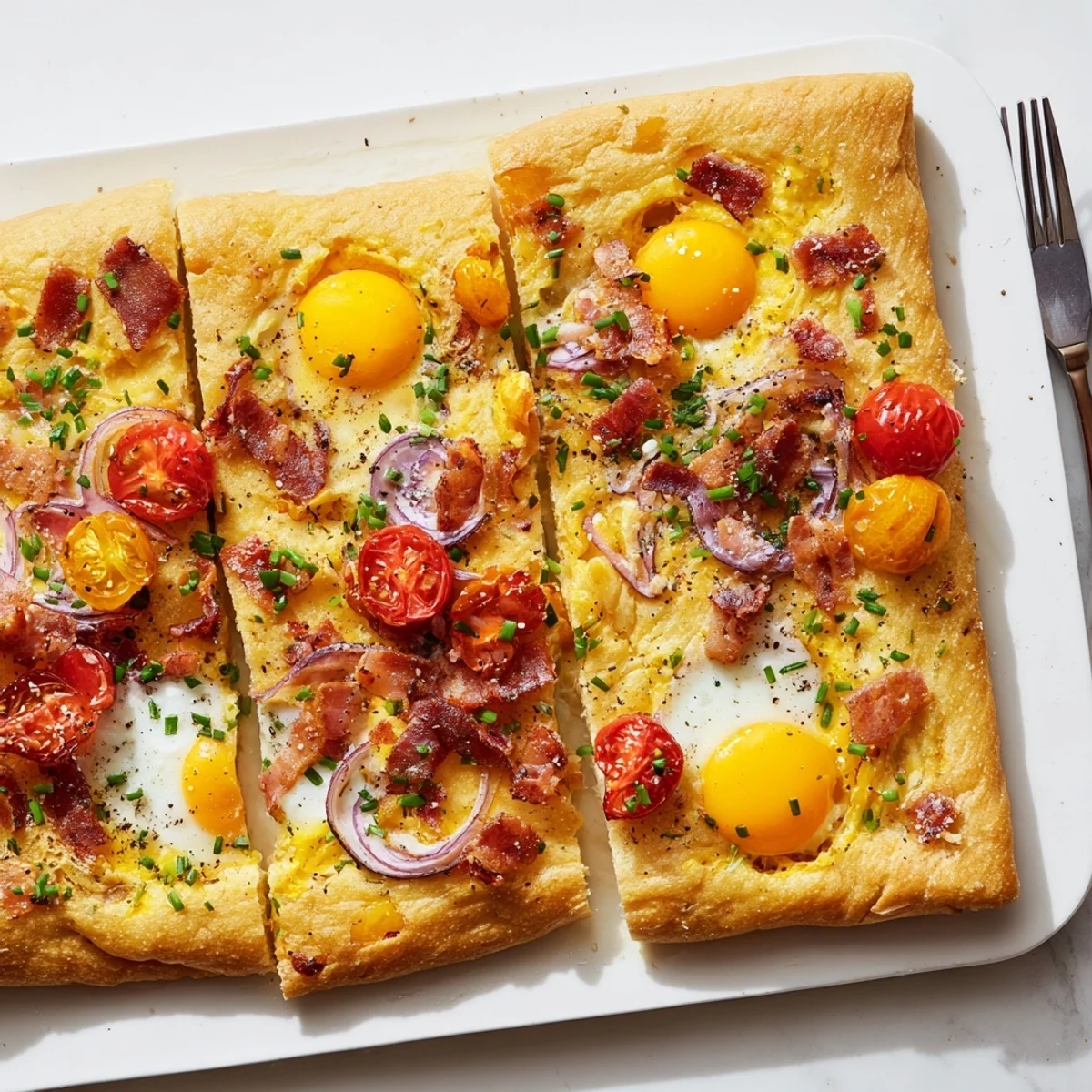 Morning sunlight on a freshly baked Breakfast Focaccia with eggs, bacon, and onions.