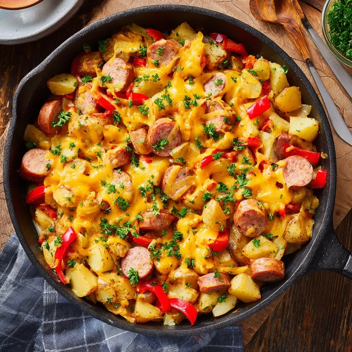 Close-up of golden Cheesy Sausage and Potato Skillet Bake fresh from the oven, with bubbling melted cheddar on top.  
