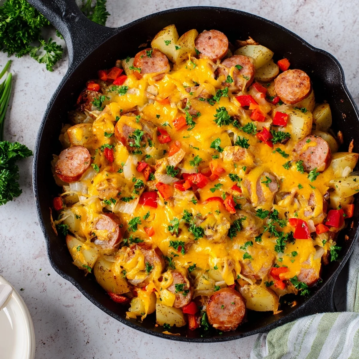 One-pan Cheesy Sausage and Potato Skillet Bake featuring golden potatoes, savory sausage, and bubbly cheese topping.