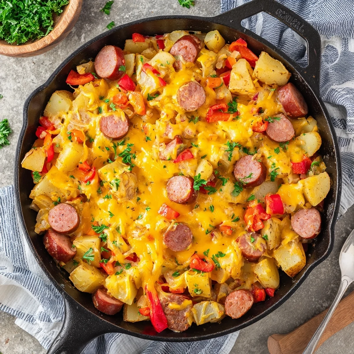 Comforting Cheesy Sausage and Potato Skillet Bake served hot in a cast iron pan, garnished with fresh parsley.  