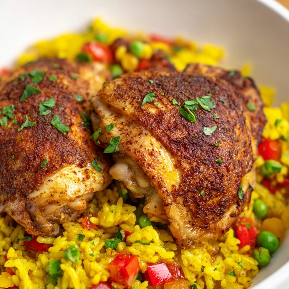 In a rustic cast-iron skillet, the savory One Pan Spanish Chicken and Rice Bake steams with garlic and paprika, garnished with fresh parsley and lemon wedges for a vibrant table centerpiece.