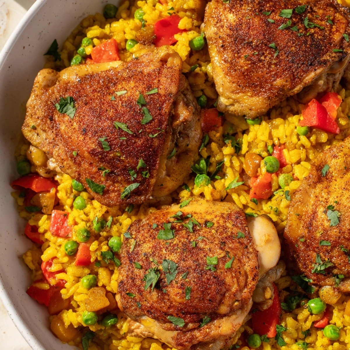 Hearty and colorful, the One Pan Spanish Chicken and Rice Bake features tender chicken, fluffy rice, and vegetables, ready to serve as a gluten-free family dinner straight from the oven.