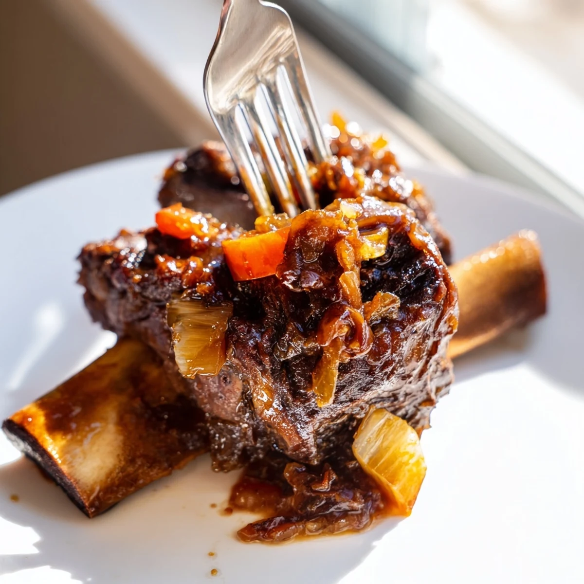 Tender bone-in short ribs glistening with sweet smoky maple-bourbon glaze on a white platter