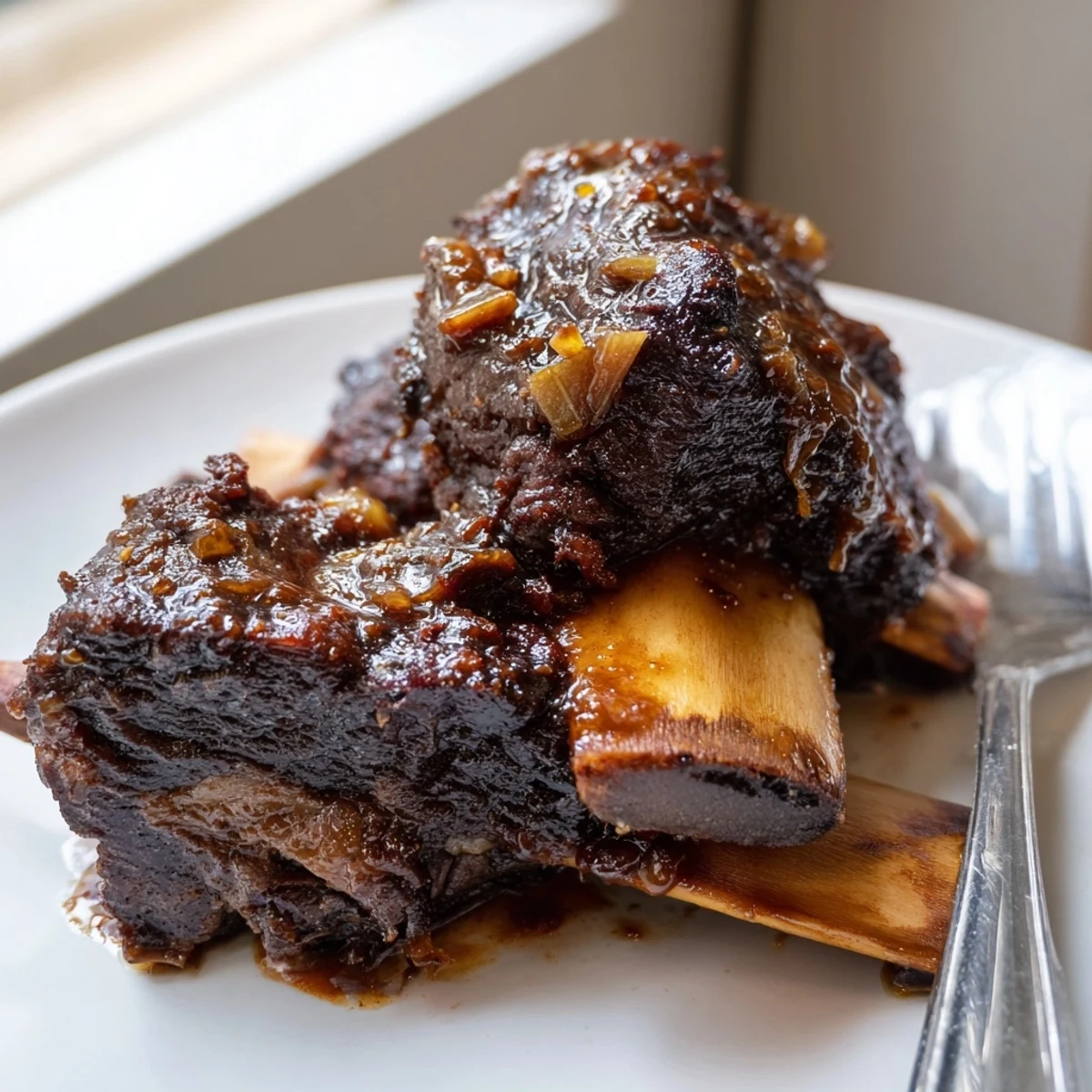 Golden glazed beef short ribs coated in sticky maple-bourbon sauce served over mashed potatoes
