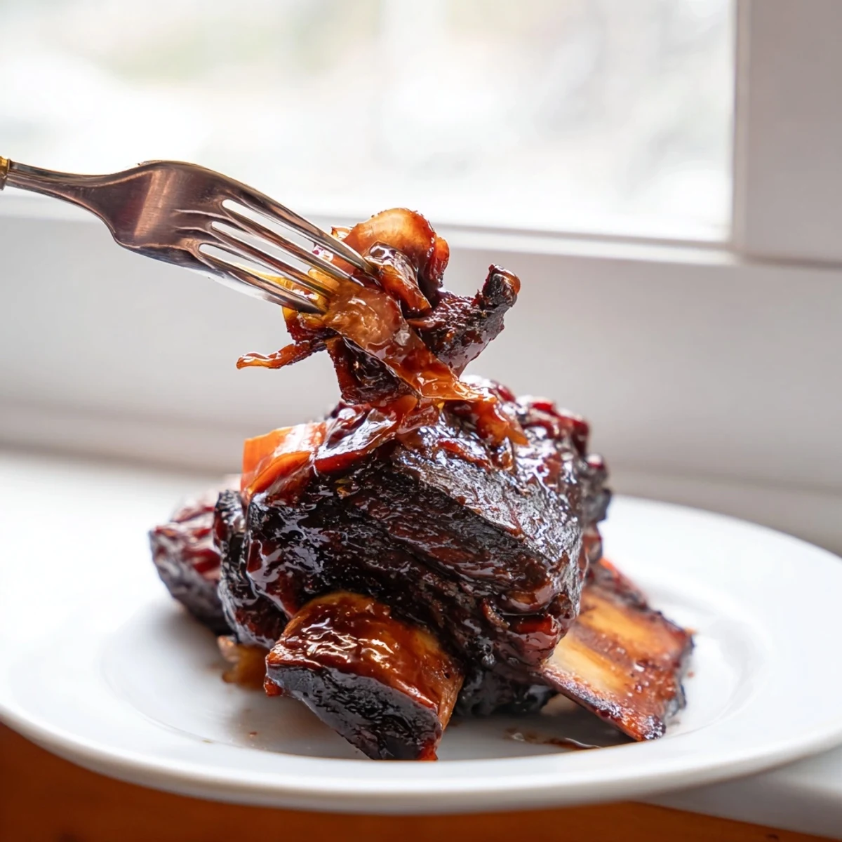 Fork-tender beef short ribs drizzled with rich caramelized maple-bourbon sauce alongside roasted vegetables